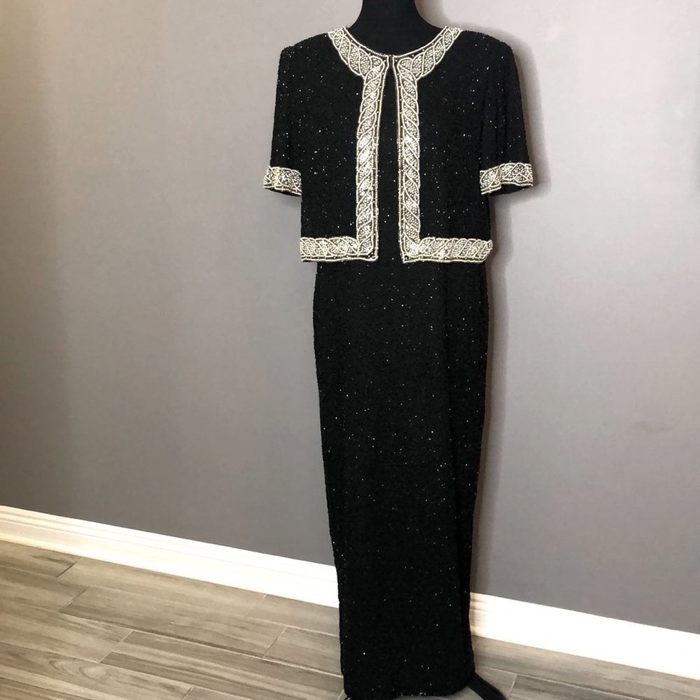 Laurence Kazar Vintage Formal Evening Gown Dress Black Beaded